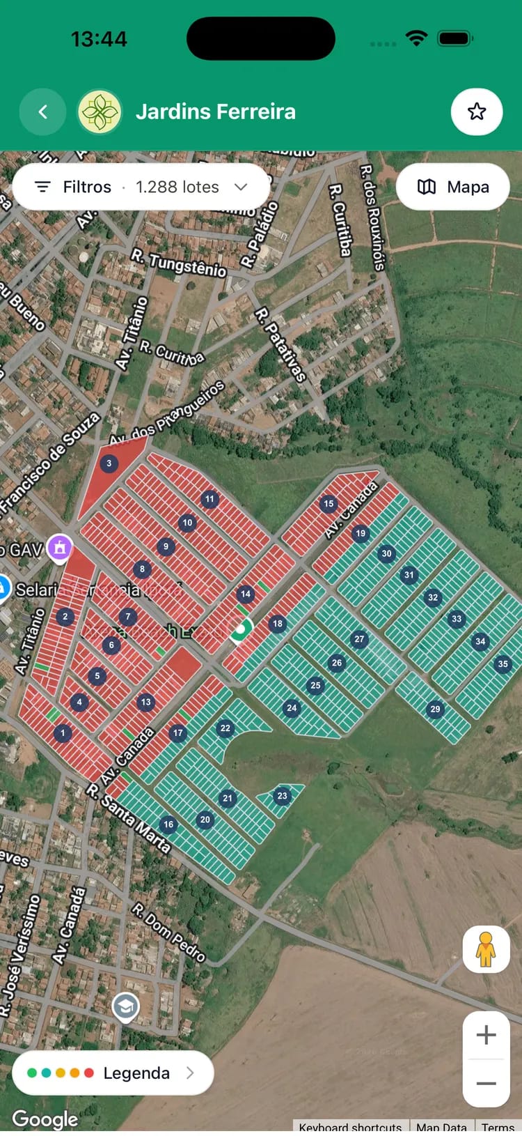 Tela mobile do Soimóveis App mostrando o mapa do Jardins Ferreira com filtros, destaques e legenda.